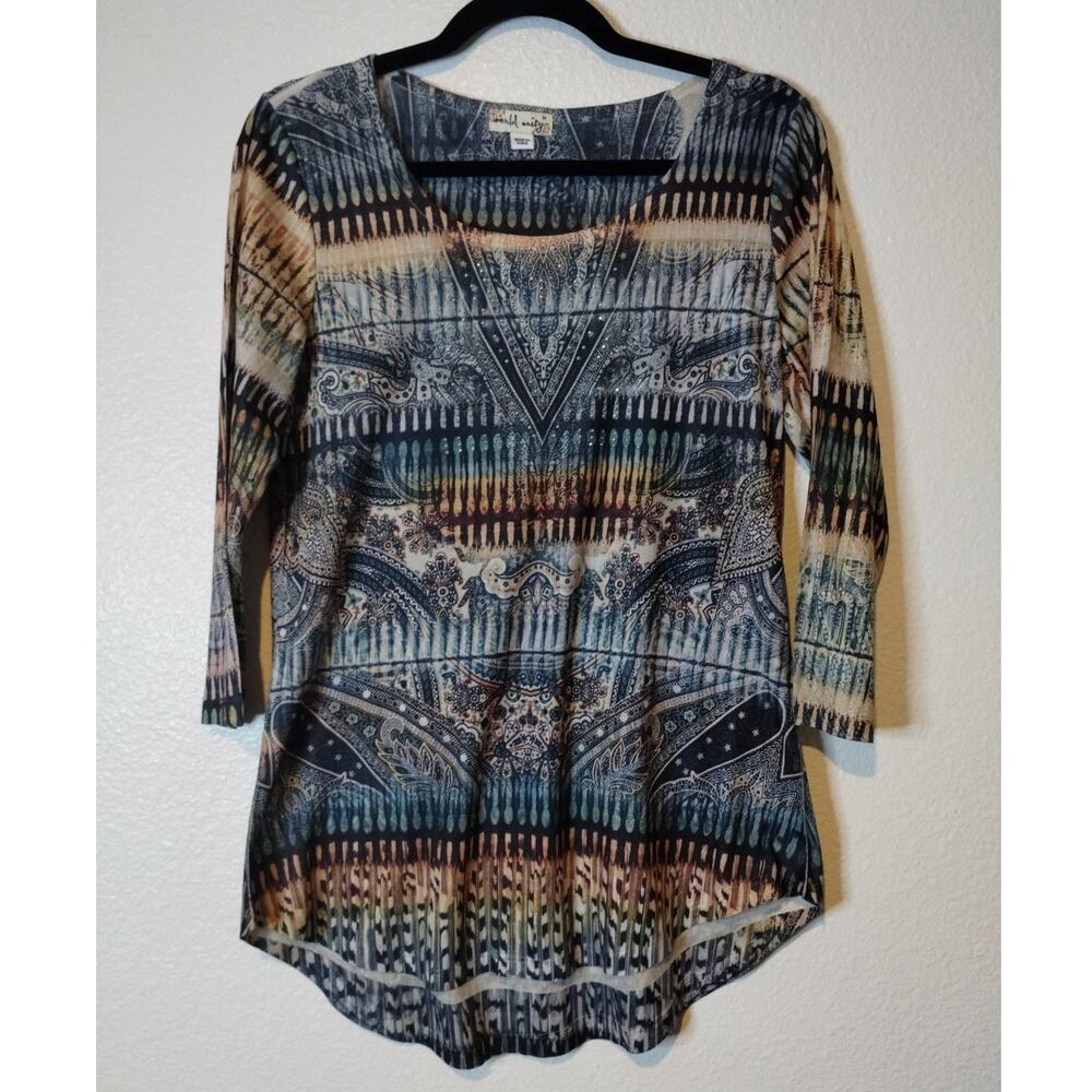 World Unity Size Medium Embellished Multi-Print Boho Artsy Earthy 3/4 Sleeve Top